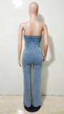 Washed Wrap Chest  Loose Denim Jumpsuit LX-6996