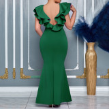 Solid Color V Neck Ruffles Fishtail Dress GCZF-8634
