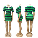 Stripe Contrast Color Shor Sleeve Tops Short Set SFY-683-1