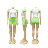 Contrast Color Short Sleeve T Shirt Two Piece Shorts Set SFY-733