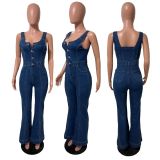 Sleeveless Single-breasted Denim Flare Jumpsuit LX-6062