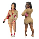 Long Sleeve Leopard Print 2 Piece Shorts Set MEM-88651