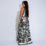 Sleeveless Print High Split Maxi Dress(With Belt) ZSD-0745