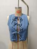 Sleeveless Round Neck Lace-Up Denim Vest GMYT-13978