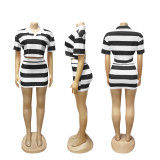 Stripe Contrast Color Shor Sleeve Tops Short Set SFY-683-1
