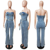 Washed Wrap Chest  Loose Denim Jumpsuit LX-6996