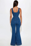 Sleeveless Single-breasted Denim Flare Jumpsuit LX-6062