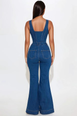 Sleeveless Single-breasted Denim Flare Jumpsuit LX-6062