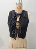 Sleeveless Round Neck Lace-Up Denim Vest GMYT-13978