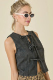 Sleeveless Round Neck Lace-Up Denim Vest GMYT-13978