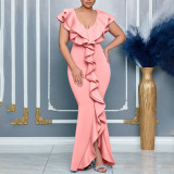 Solid Color V Neck Ruffles Fishtail Dress GCZF-8634