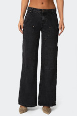 Loose Washed Pockets Straight Jeans GMYT-13635