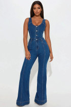Sleeveless Single-breasted Denim Flare Jumpsuit LX-6062