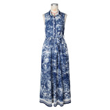 Sleeveless Print High Split Maxi Dress(With Belt) ZSD-0745