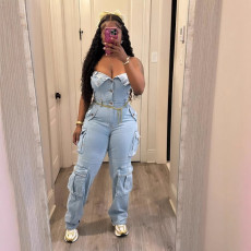 Off Shoulder Multi-pockets Denim Jumpsuit LSD-2468