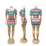 Stripe Contrast Color Shor Sleeve Tops Short Set SFY-683-1