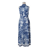 Sleeveless Print High Split Maxi Dress(With Belt) ZSD-0745