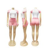 Contrast Color Short Sleeve T Shirt Two Piece Shorts Set SFY-733