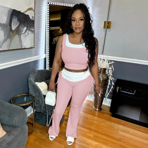 Contrast Color Sleeveless Vest Pants Suit NY-3639