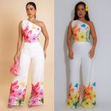 Plus Size Slash Shoulder Sleeveless Loose Two Piece Pants Set NY-11077