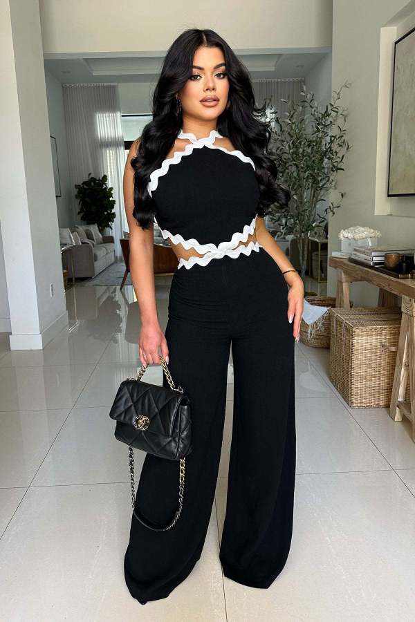 Wave Line Spliced Wide Leg Jumpsuit OSM-4931