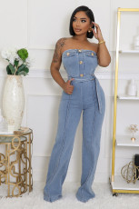 Washed Wrap Chest  Loose Denim Jumpsuit LX-6996