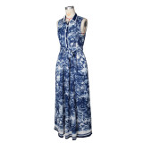 Sleeveless Print High Split Maxi Dress(With Belt) ZSD-0745