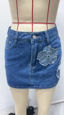 Flower Appliqued Denim Halter Skirt GMYT-14147