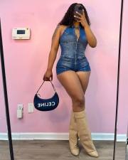 Halterneck Sleeveless Zipper Denim Romper MEM-88650