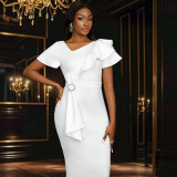 Slash Neck Bow Ruffles Midi Dress GKEN-050218