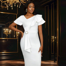 Slash Neck Bow Ruffles Midi Dress GKEN-050218