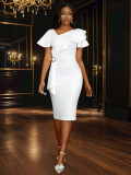 Slash Neck Bow Ruffles Midi Dress GKEN-050218