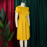 Short Sleeve Solid Color Ruffles Midi Dress GATE-D583