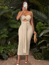Solid Color Tie Up Slim Tube Tops Maxi Dress GDNY-016