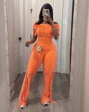 Short Sleeve Tassel Solid Color Two Piece Pants Set OY-6509