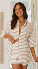 Stripe Short Sleeve Knits Two Piece Short Set MDF-L5504