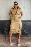 Plus Size Multi-pockets Drawstring Midi Dress NY-3320