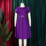 Short Sleeve Solid Color Ruffles Midi Dress GATE-D583