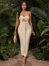 Solid Color Tie Up Slim Tube Tops Maxi Dress GDNY-016