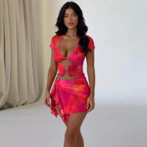 Print Tie Up Irregular Skirt 2 Piece Set SHD-9787