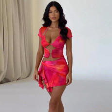 Print Tie Up Irregular Skirt 2 Piece Set SHD-9787