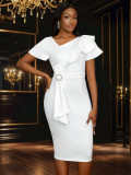 Slash Neck Bow Ruffles Midi Dress GKEN-050218