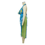 Tie Dye Print Backless Silk Satin Midi Dress YF-20157