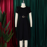 Short Sleeve Solid Color Ruffles Midi Dress GATE-D583