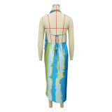 Tie Dye Print Backless Silk Satin Midi Dress YF-20157