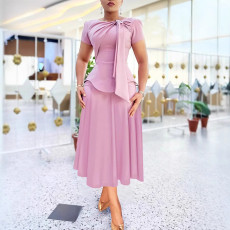 Solid Color Short Sleeve Long Skirt Suit MK-3212