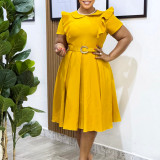Short Sleeve Solid Color Ruffles Midi Dress GATE-D583