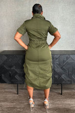 Plus Size Multi-pockets Drawstring Midi Dress NY-3320