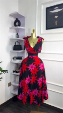 V Neck Print Tie Up Midi Dress GMSF-9248