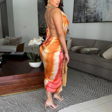 Tie Dye Print Backless Silk Satin Midi Dress YF-20157